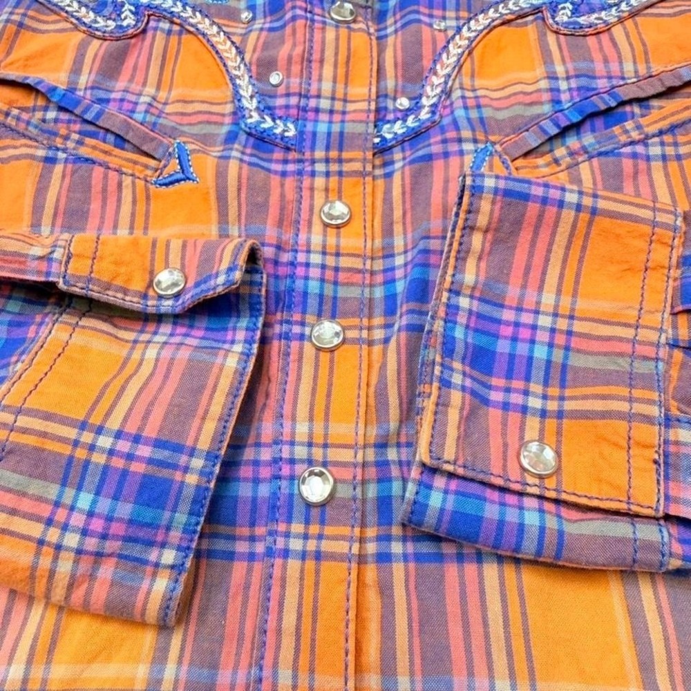 Rock 47 Wrangler Western Snap Shirt Rhinestone Embroidered Plaid Womens L - Picture 3 of 8